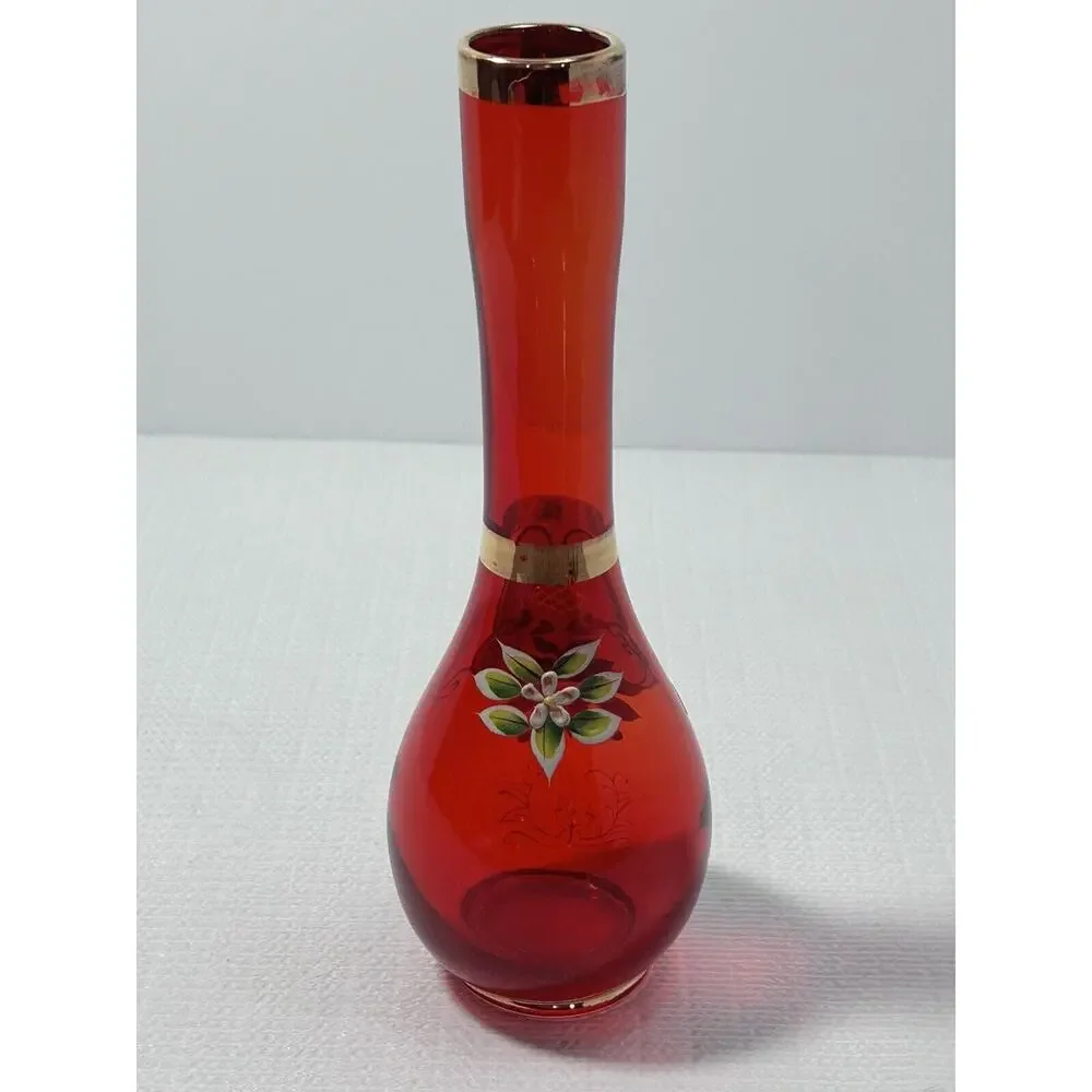 Vintage‎ Japan Emerald Red Bud Vase 8”Gold Gilding Hand Painted Flowers Moriage